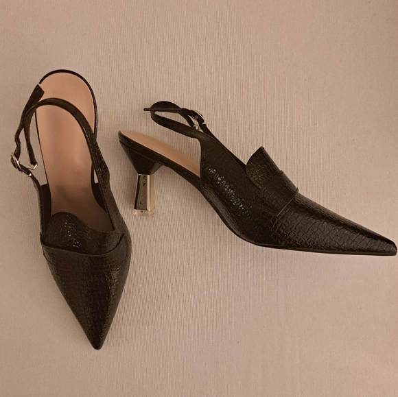 NEW Black Faux Patent Leather Embossed W/Gold & Acrylic Heels, Sz 41 (US 10) - Picture 2 of 16